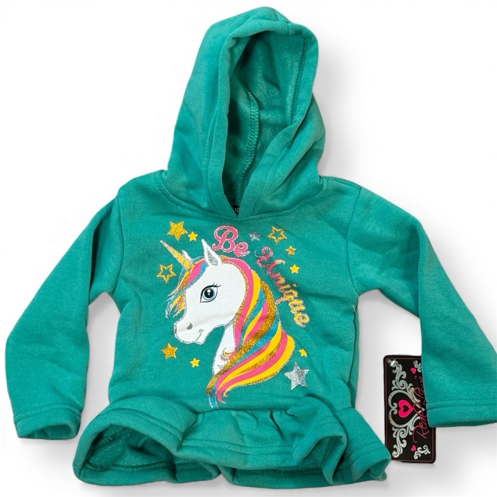 Nwt Y2K Real Love Unicorn ruffle hem Hoodie Teal Glitter  3–6M unique